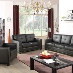 Modern Style Black Leather Three Piece Couch Set 