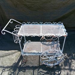 Vintage White Wrought Iron Flower Cart/Outdoor Decorative Cart