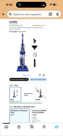 eureka NEU182A PowerSpeed Bagless Upright Vacuum Cleaner, Lite, Blue