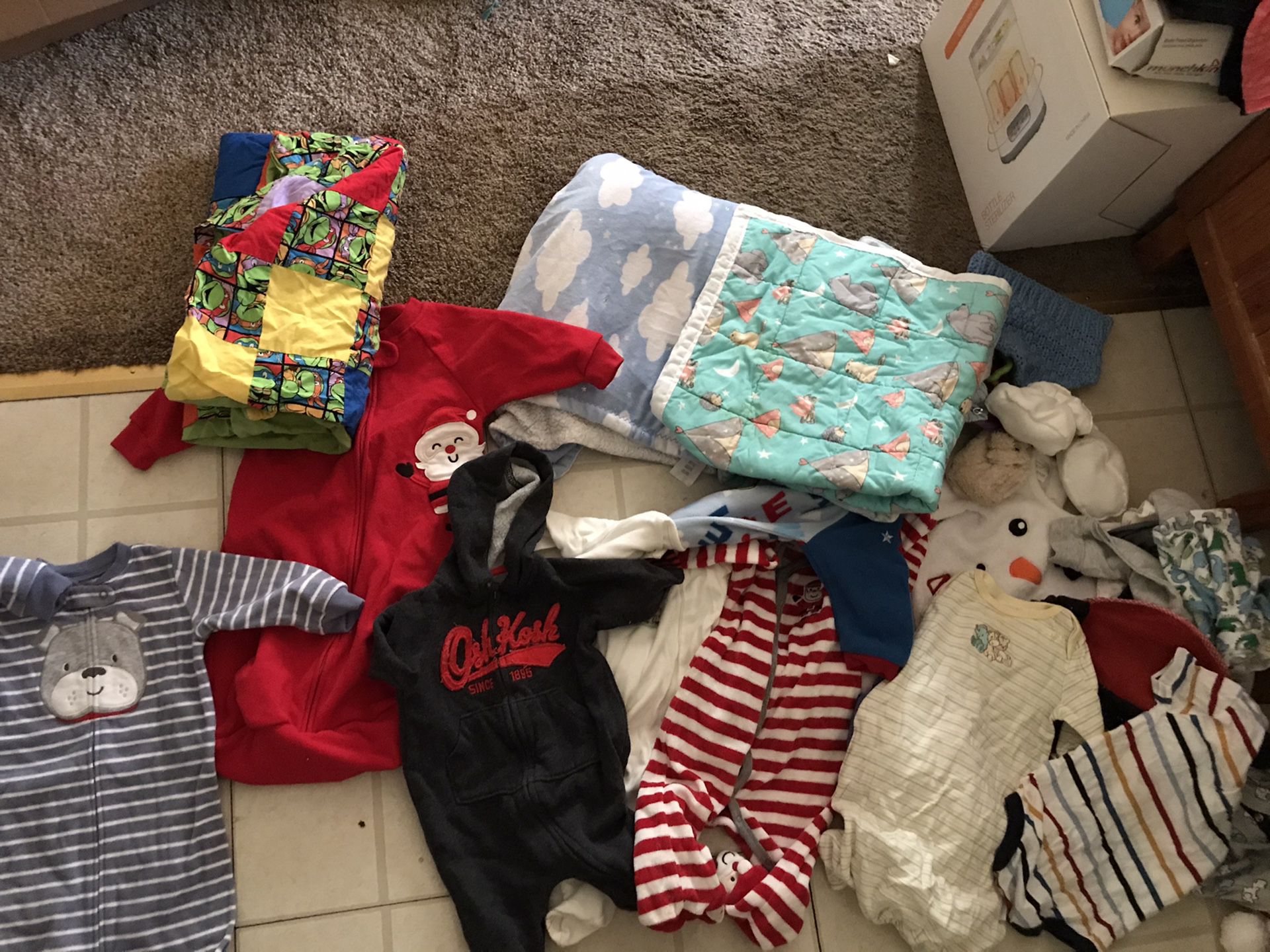 Free lot of used baby clothing, blankets, new baby carrier