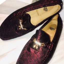 Burgundy Woven Metallic Driver Loafer with Gold Bow Snaffle Size 10 
