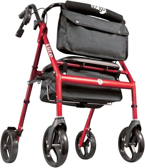 Hugo Mobility 700-961 Foldable Rollator Walker with Seat and Saddle Bag Red