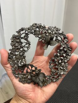 Vintage Metzke Pewter Candle Topper Love Birds Floral Wreath Jar Lid Ring 1990