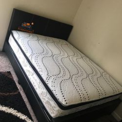 Brand New Queen Size Black Leather Platform Bed Frame +Pillowtop Mattress 