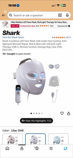 Shark CryoGlow LED Face Mask with Under-Eye Cooling, Anti-Ageing & Blemish Repair, Red & Blue LED, I