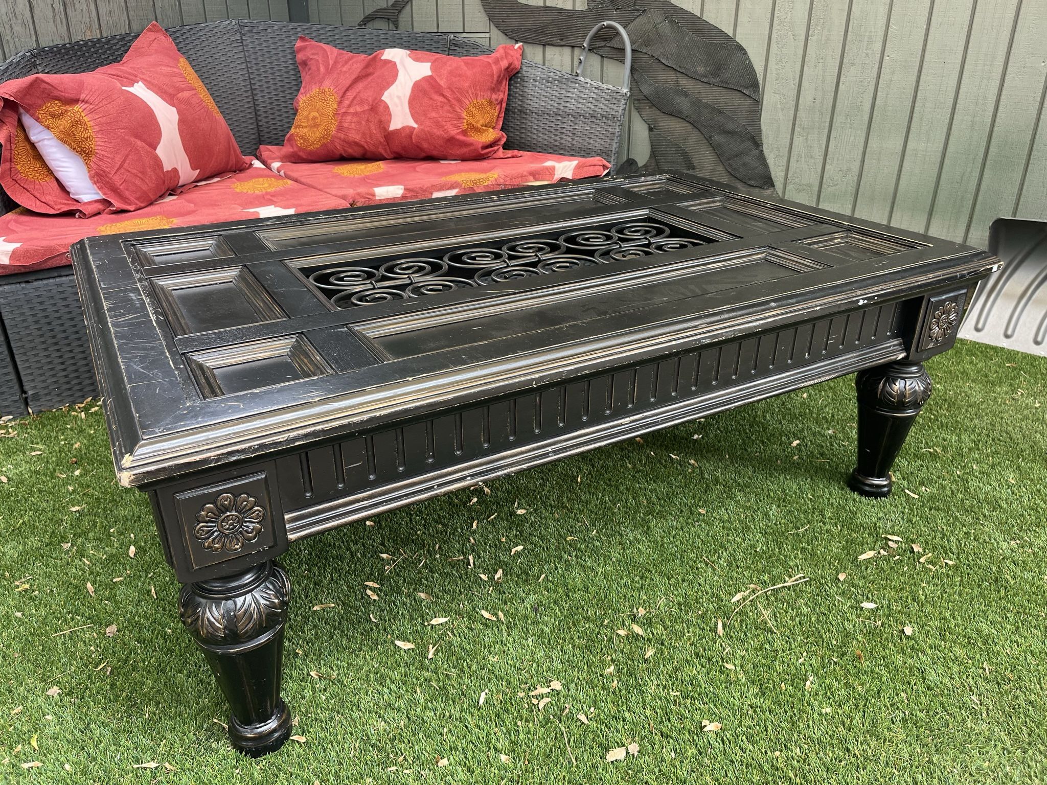 Ornate Vintage Coffee Table With Metal Inlay