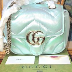 $2600 NEW GUCCI MARMONT IRIDESCENT GREEN LEATHER MINI FLAP BAG