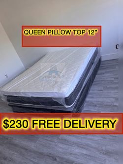 Queen mattress pillow top set with box spring (2pc - new)