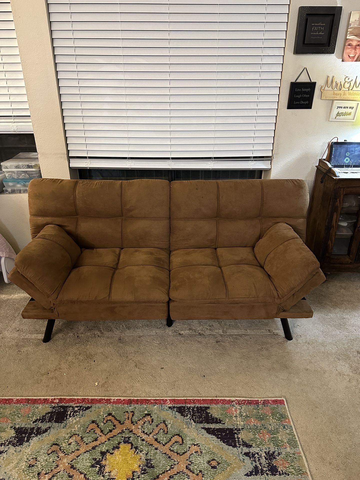 Memory Foam Futon with Adjustable Armrests Camel Faux Suede Fabric for Adults