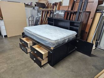 Full Black Captain's Bed with Storage Drawers and Bookcase Headboard