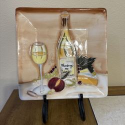 Vintage Hand Painted Cheryl Rosa Square Plate Wine & Fruit W/Metal Stand 8 1/2” x 8 1/2”in