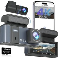 Dashcam Front and Rear Camera,TVFEA Dash cam 4K,Dual Dash Camera for Cars with Wi-Fi,3.18" LCD Screen,64GB Card,APP Control,Night Vision,WDR