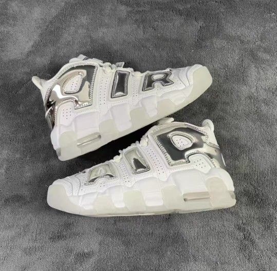 Nike Air More Uptempo Chrome White (W) Leather Big AIR Pippen Shock Balance Mid Top Retro Basketball Shoes Women's White