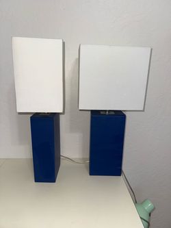 Pair of Blue Table Lamps with White Shades