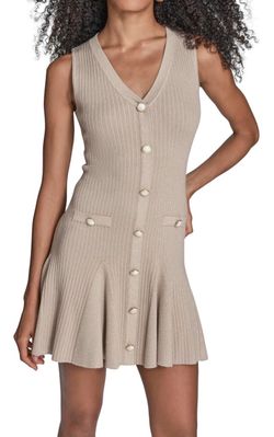 BCBG Women's Sleeveless V-Neck Button Front Pleated Knit A-line Mini Dress