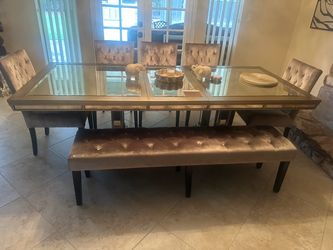 Mirrored Dining Table with Chairs and Bench