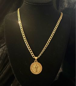 10K Solid Yellow Gold Curb Chain 24" 5.5mm 25.2g + San Benito Medal 5.4g | 30.6g Total