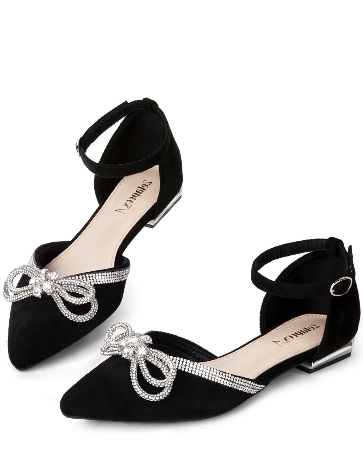 Zelaprox Women’s Black Pointed Flats Shoes Rhinestone Bow Ankle Strap Size 9 New