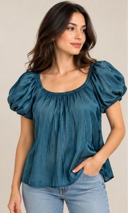 Teal Satin Puff Sleeve Blouse