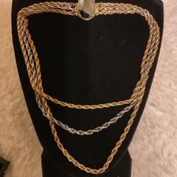 Vintage Gold Filled And Silver 3 Stranded Rope Necklace With Beautiful Smoky Grey Crystal Clasp