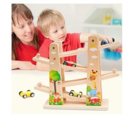 Car Ramp Toys for Toddlers | Wooden Car Track for 1 2 Year Old with 4 Cars & Race Tracks | Montessori Toys Gift for Toddlers Boys and Girls (yellow)