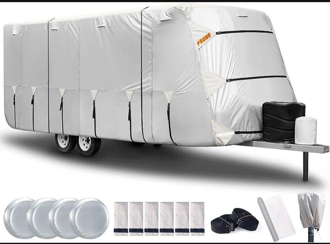 FRUNO Oxford Cloth Travel Trailer RV Cover 27'8"-30' Waterproof Rip-Resistant Anti-UV Camper Cover for Winter Snow with Jack Cover 4 Tire Covers and G