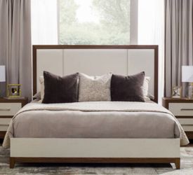 Upholstered Platform Bed Frame with Wood Trim