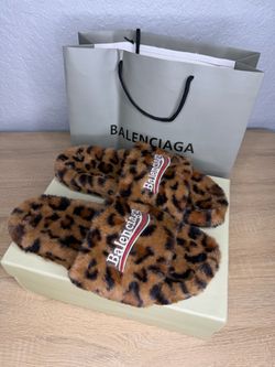 Balenciaga Leopard Print Faux Fur Slippers