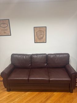 Brown Leather 3-Seat Sofa – Good Condition