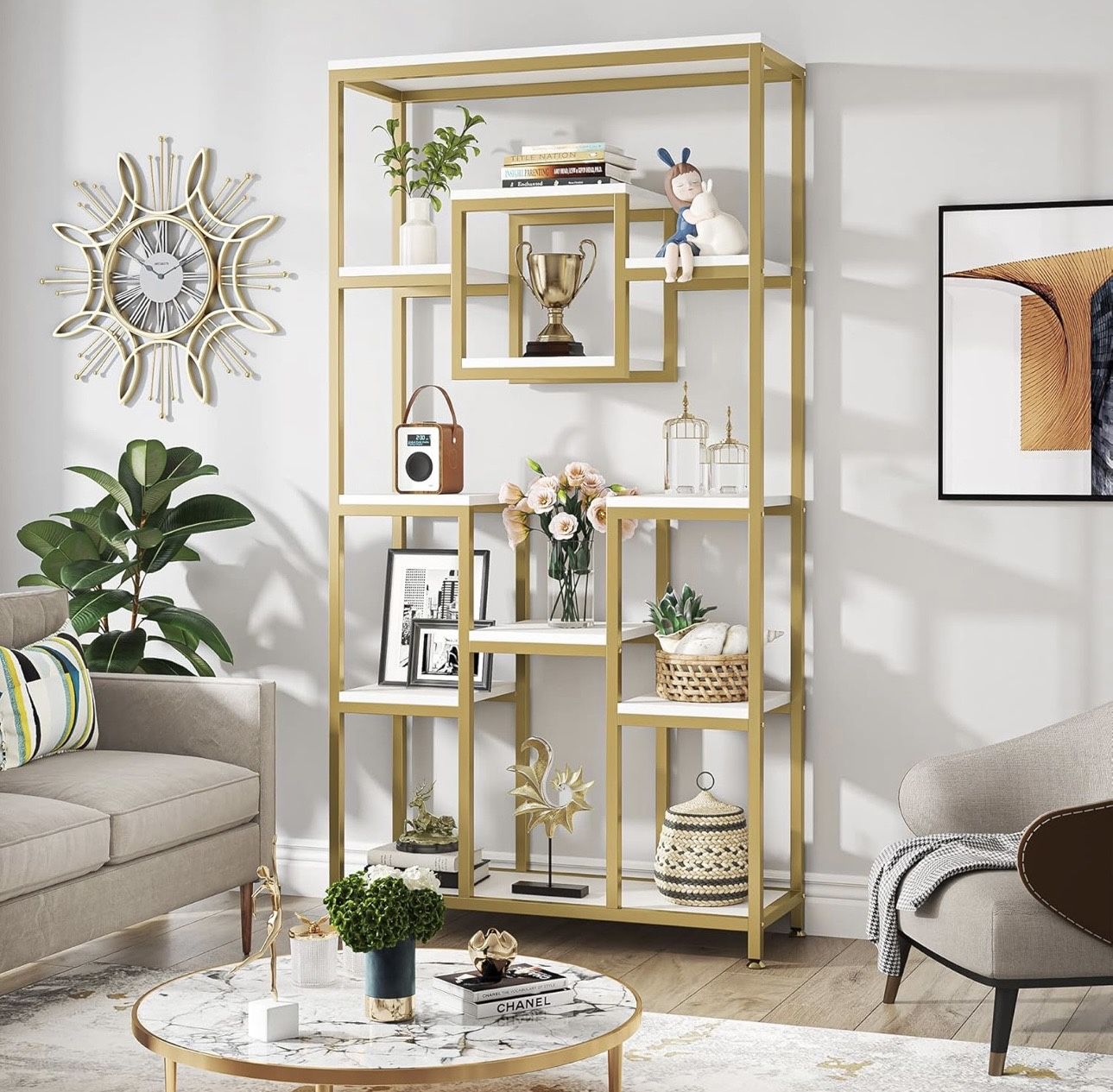 XK00191 71" Gold Bookshelves 11-Tier Large Tall Open Display Bookshelf, Geometric Cubed Etagere Bookcase Shelf, Modern Book Shelf for Living Room, Be