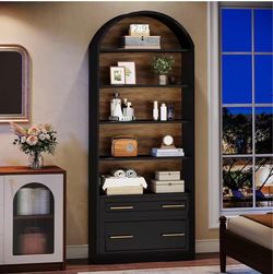 J0463 new in box 76.8" Tall Arched Bookcase, 5-Tier Bookshelf with File Cabinet Drawer, Modern Freestanding Wooden Bookshelves, Large Open Display Sto