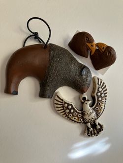 Unique Wildlife Jewelry Decor Bundle - Buffalo Ornament + Eagle Charm Pendant & Earrings
