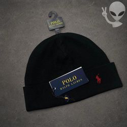 Polo Ralph Lauren Thermal Cuffed Beanie Mens One Size Black Red Waffle Knit