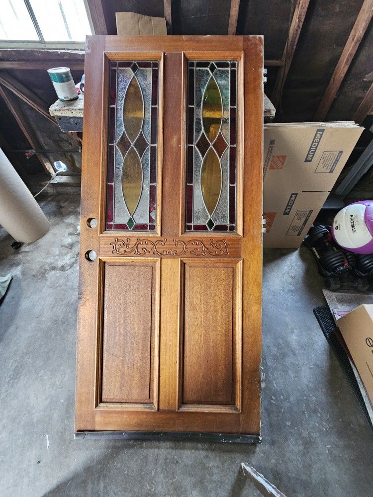 Vintage Wooden Front Door w/ Glass – Solid Wood, Classic Design
