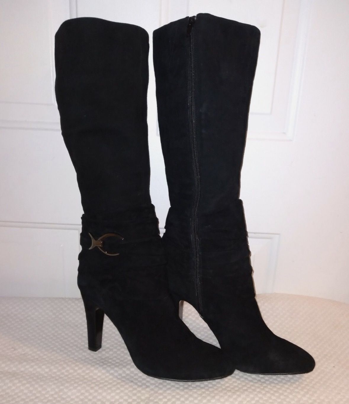 Antonio Melani Black Suede High Heel Boots with Gold Buckle