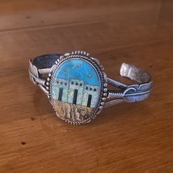 Santa Fe Style Sterling Silver Multi Gemstone Pueblo Homes Bracelet size 6.5”