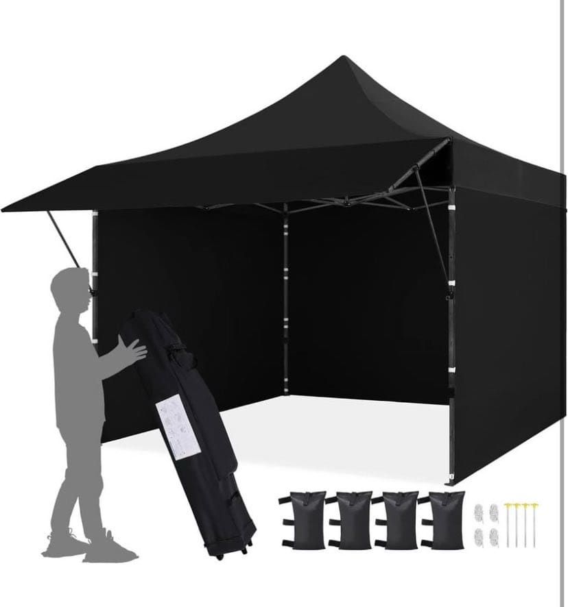 Pop Up 10x10Canopy Tent Heavy Duty with Awning, Sidewalls, Sand Bags and Rolling Bag.