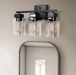 15.75 in 3-Light Matte Black Modern Vanity Light with Square Clear Glass Shade, Wall Lighting Fixtures for Bathroom