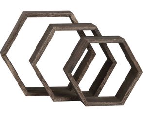 Set of 3 Hexagon Floating Wood Wall Shelves