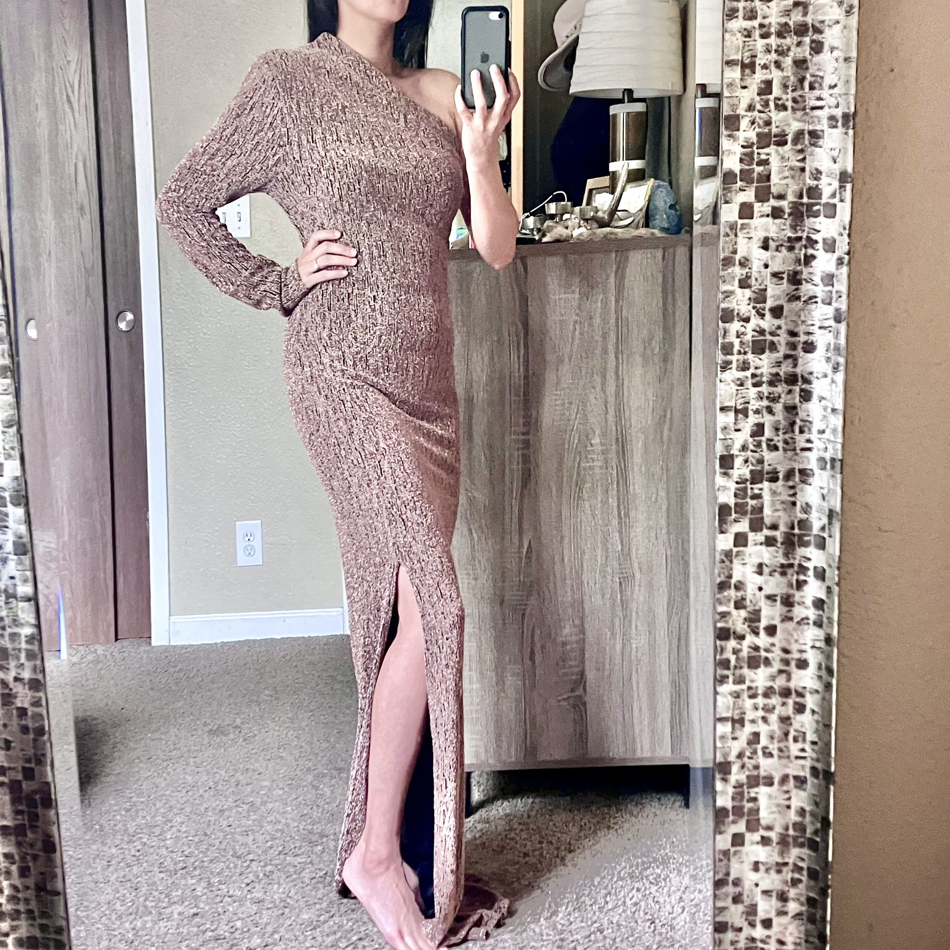 Rose Gold One Shoulder Long Dress