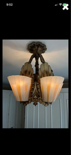 Pristine Antique 1930s Art Deco Williamson Beardslee 5-Light Slip Shade Flush Mount
