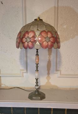 Second Hand Table Lamp. Agate & Metal Base, Fiberglass Florial Shade, Has 2 Small Holes At Top of Shade. Works Well.