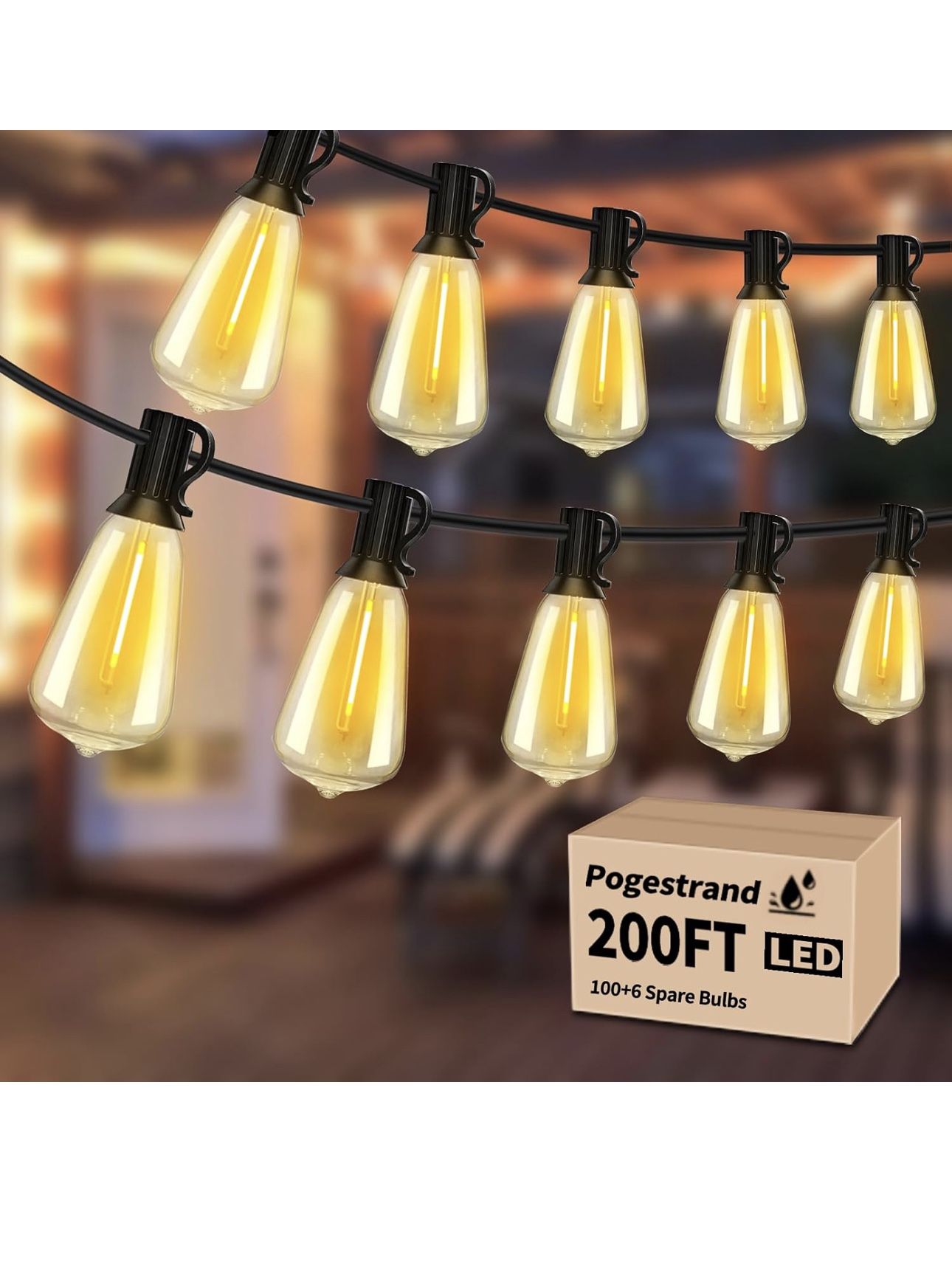 LED Outdoor String Lights 200ft ST38 Waterproof Patio Lights with 106 Vintage Shatterproof Bulbs(6 Spare), Dimmable Outside Hanging Edison String