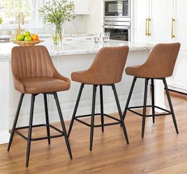 Counter Height Bar Stools Set of 3, 26'' Swivel Modern Barstools with armrests and Metal Legs, Upholstered Bar Chairs, Faux Leather Bar Stools for Kit