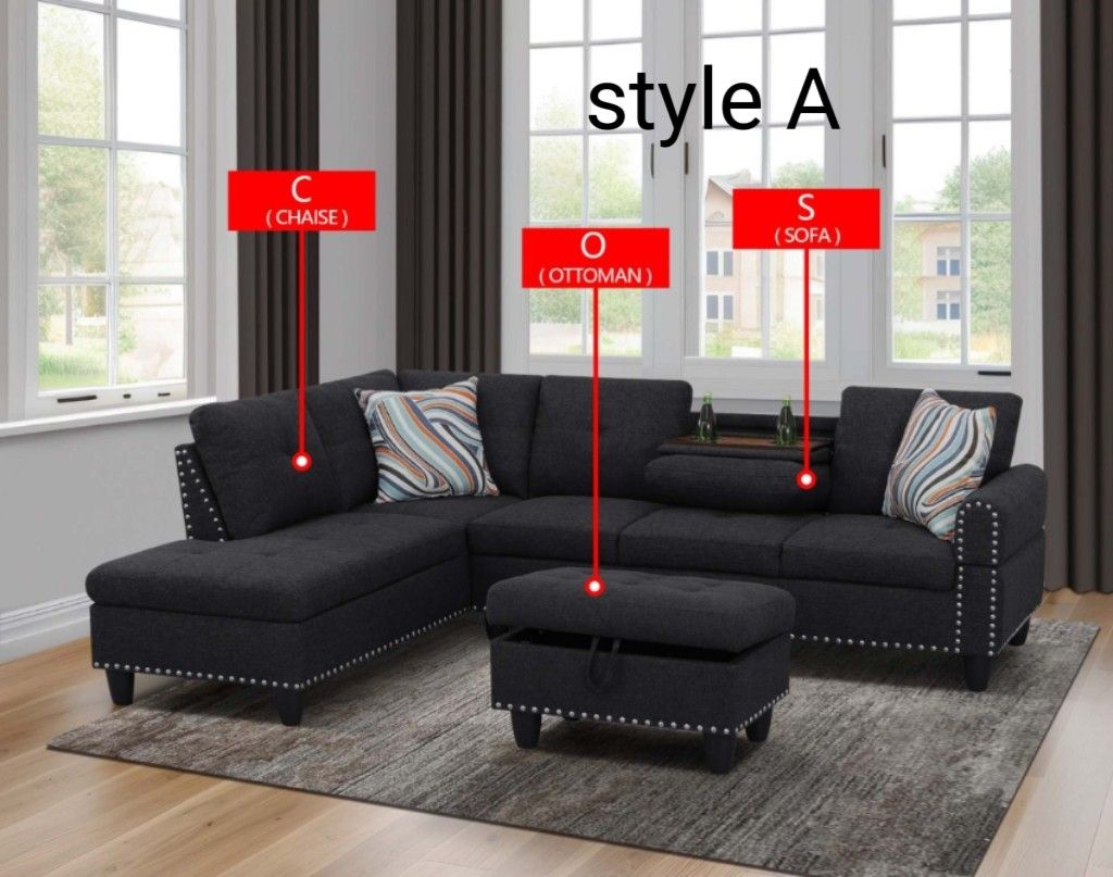 Black Grey Linen 3 Seater Sectional Sofa Set With Ottoman