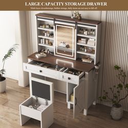 Farmhouse Makeup Vanity Desk With Sliding Mirror And Lights And Hairdryer Holder And Charging Socketmultilayer Storage Shelves,And 2 Drawer And Big St