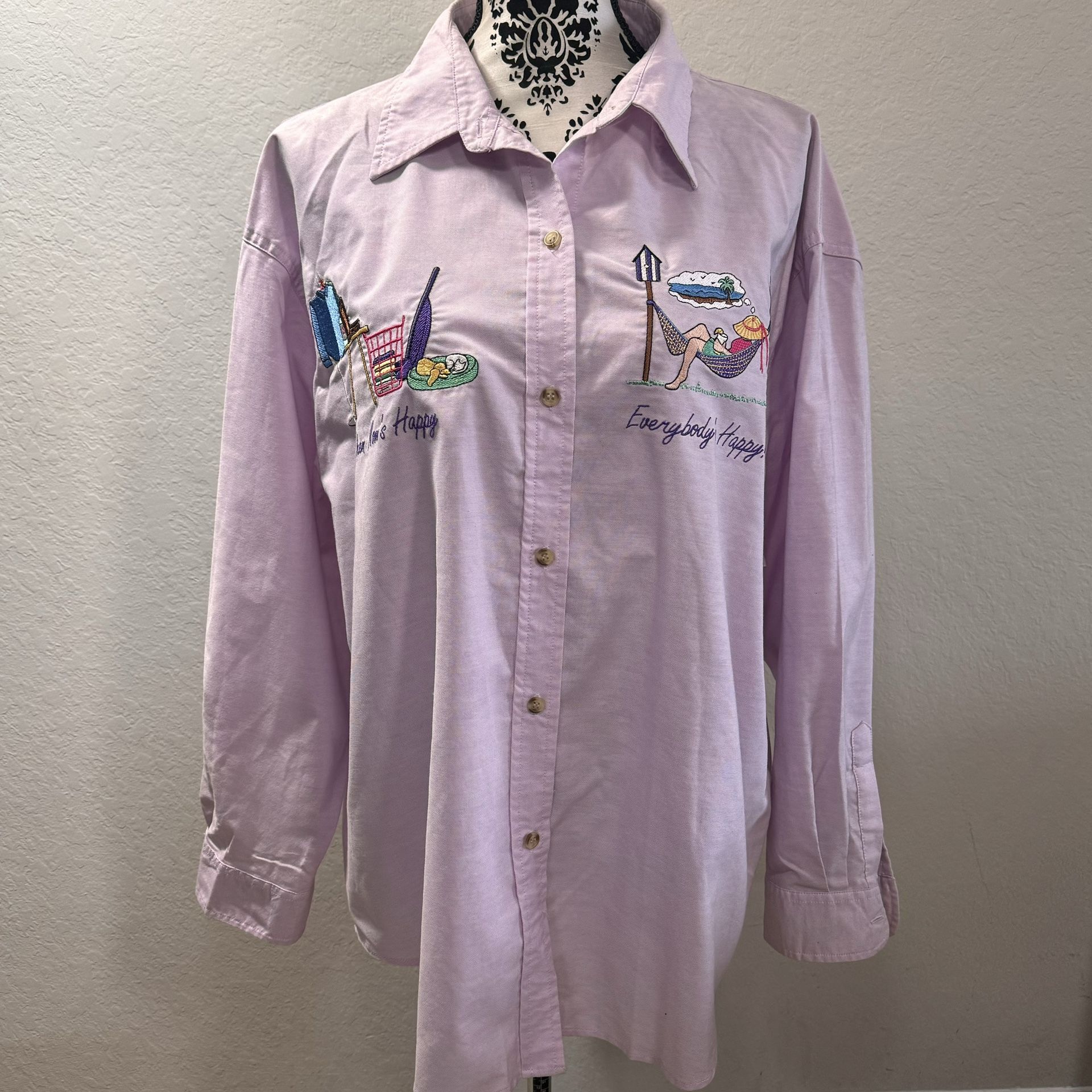 MANDAL BAY Shirt Tunic Blouse size 1X Lilac embroidered Mom long sleeve
