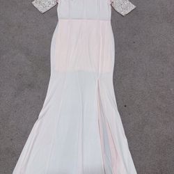 New large light pink stretchy lace long dress gown slit