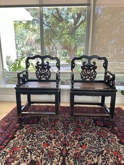Rare Pair of Antique Chinese Carved Armchairs – Dark Wood with Woven Cane Seats