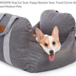 PET AWESOME Dog Car Seat, Puppy Booster Seat, Travel Carrier Bed for S/M Pets.  Light Gray.